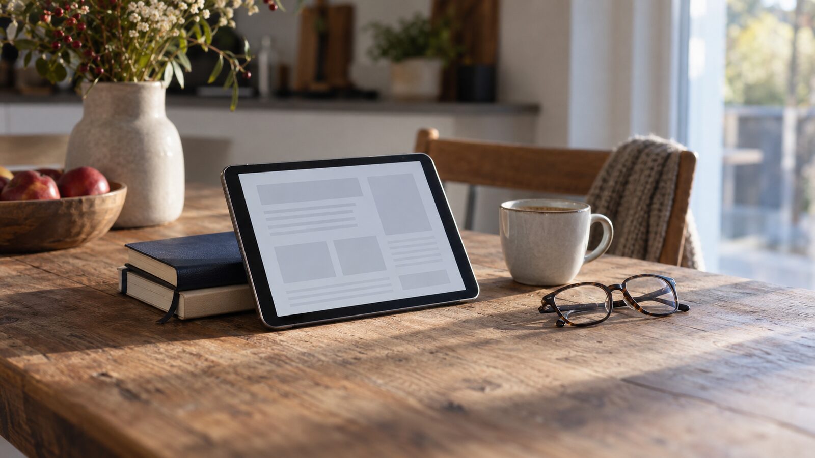 Tablet met leesstof tegen een stapel notitieboeken op een keukentafel, met koffie en een leesbril
