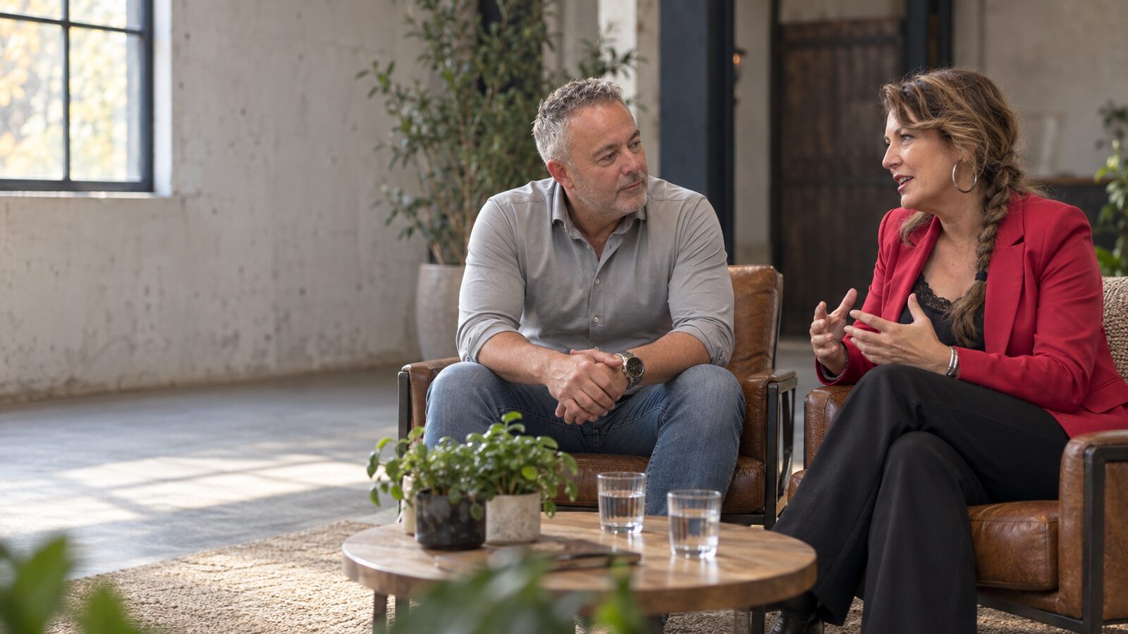 Twee mensen in gesprek in comfortabele stoelen, zonder bureau tussen hen in