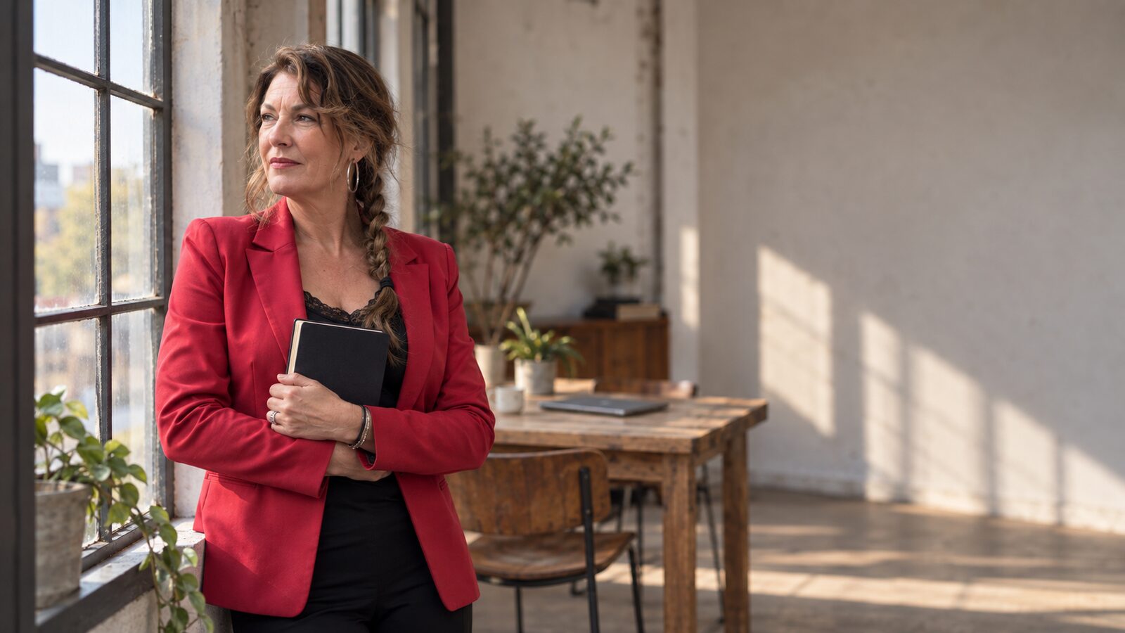 online-academy-hero Onderneemster staat bij het raam met een notitieboek in haar hand, op het moment voor een volgende stap