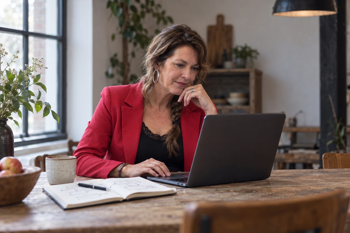 rapportage-ai-paspoort Ondernemer werkt geconcentreerd achter een laptop aan een tafel thuis, met een notitieboek ernaast