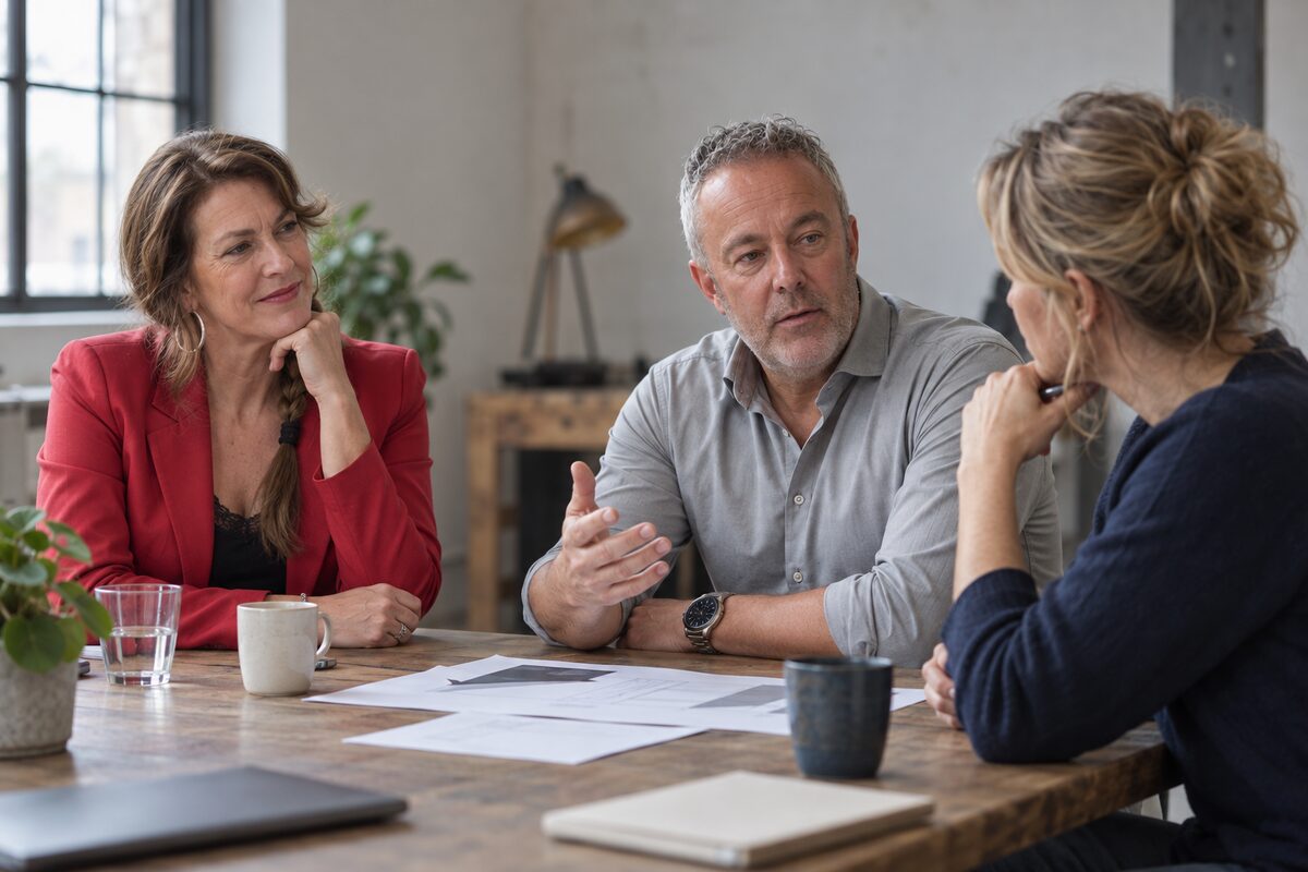 rapportage-samenwerkingsprofiel Drie collega's in gesprek rond de hoek van een tafel, een van hen luistert aandachtig