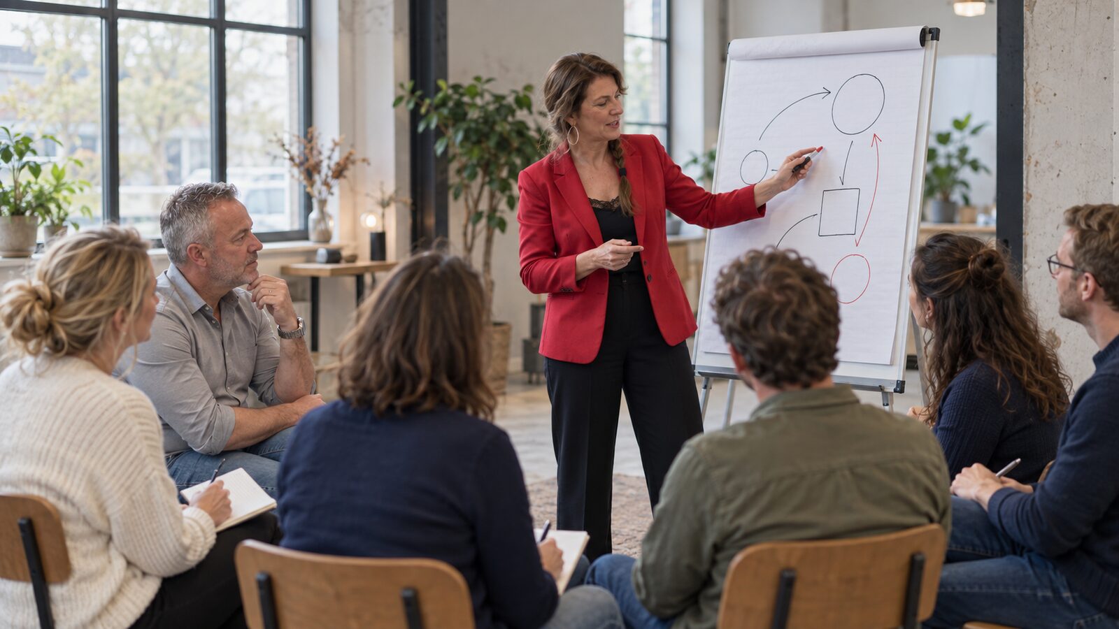 trainingen-overzicht Kleine groep ondernemers in een lichte trainingsruimte rond een flip-over